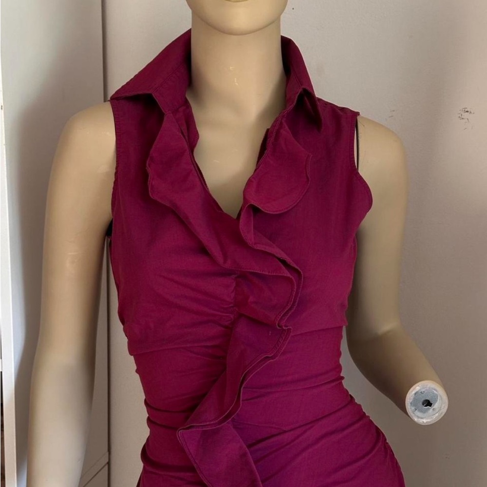 New York & Company Magenta Ruffle Sleeveless V-Neck Top